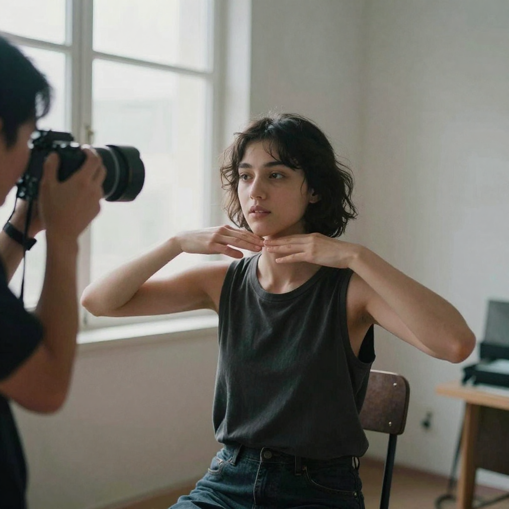 A photographer directing a seated model to open her shoulders and lift her chin, hands framing the gesture, soft window