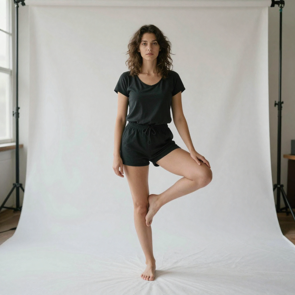 A full-length shot of a woman shifting her weight onto one leg in a confident stance against a seamless white sweep, eve