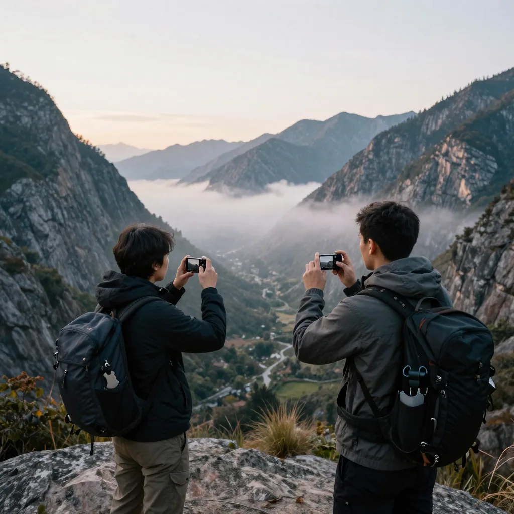 A hiker at a mountain overlook films a sweeping valley on a compact phone at sunrise, mist rolling below sharp granite r