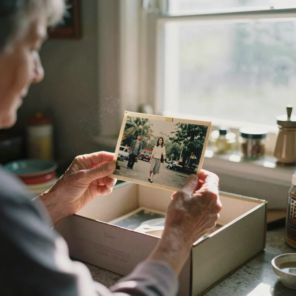 A grandmother in a kitchen holds up a faded printed photograph from a shoebox, warm nostalgic light, dust motes floating
