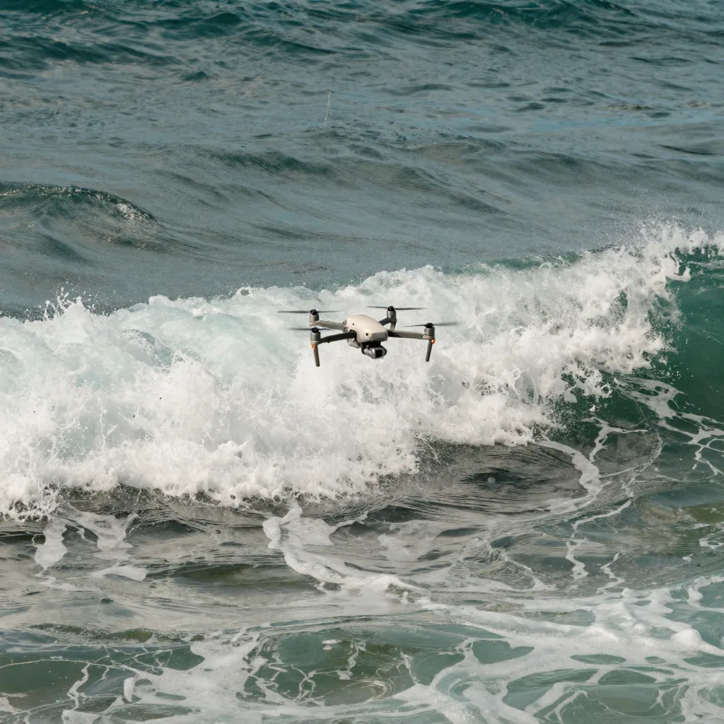 A drone hovers low over crashing ocean waves at midday, spray frozen in crisp detail, deep turquoise water and foam text