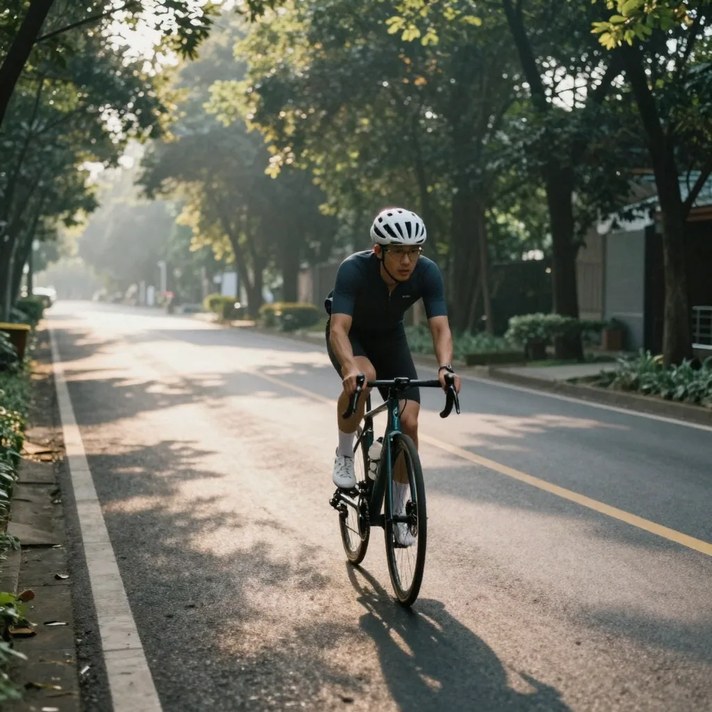 A cyclist speeds down a tree-lined road at dawn, motion smooth and fluid, dappled light flickering across the pavement, 