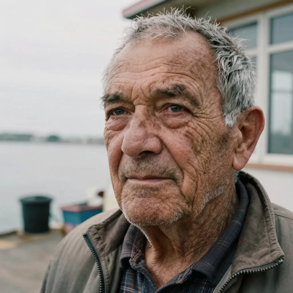 A close portrait of an elderly fisherman's weathered face at a harbor, every wrinkle and stubble hair sharp, soft overca