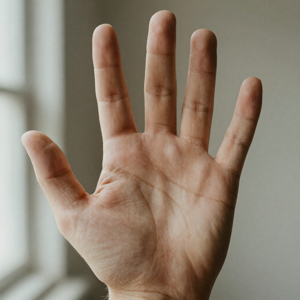 Extreme close-up of a person's open palm and splayed fingers held up against soft neutral light, fine skin texture and k