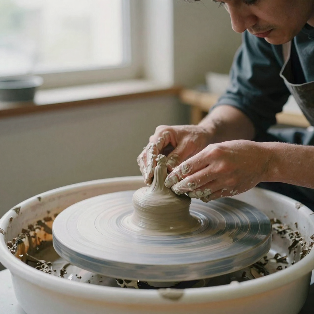 A sculptor's hands carefully shaping a small clay figure's fingers on a spinning wheel, wet clay under the nails, warm w