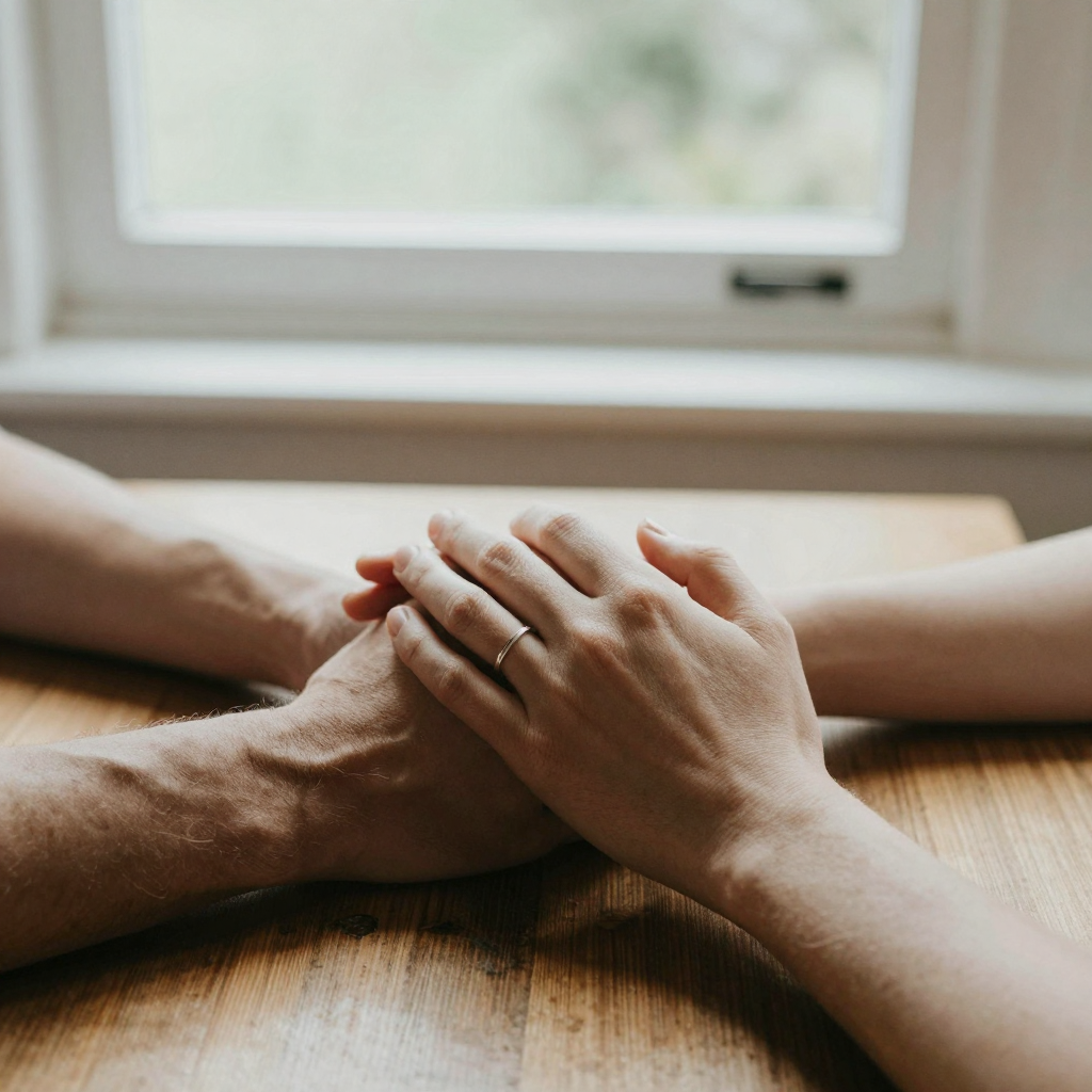 Two hands clasped together resting on a wooden table in soft window light, wedding ring visible, natural finger anatomy,