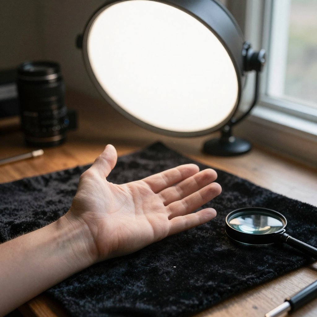 A hand model resting an open hand on a black velvet cloth under a softbox, each finger separated and clearly lit, jewele
