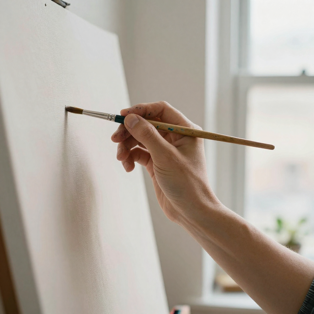An artist's hand holding a fine paintbrush mid-stroke over a canvas, individual fingers gripping the handle naturally, p