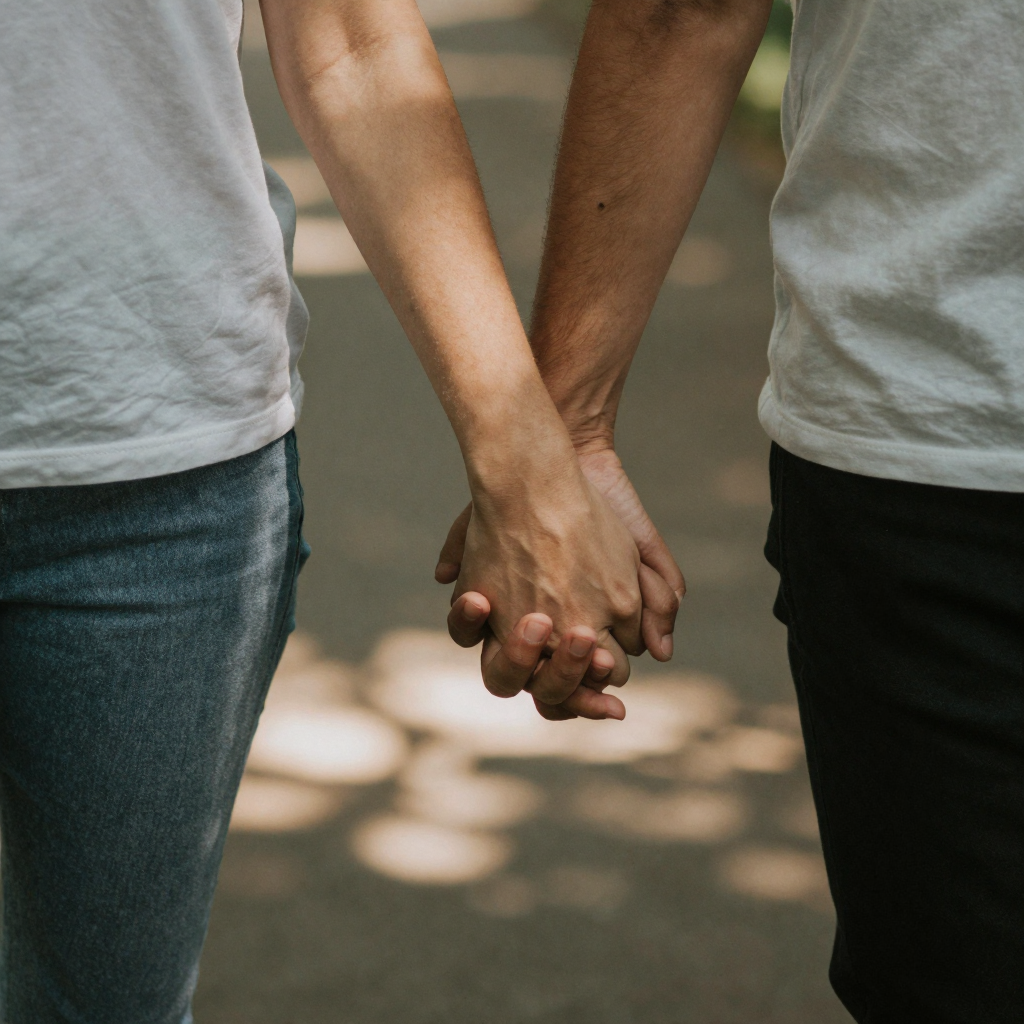 Close-up of interlaced fingers of two people holding hands walking outdoors, dappled golden sunlight through leaves, nat