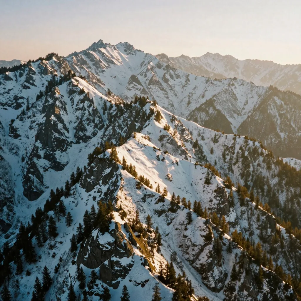 A crisp aerial view of a jagged snow-capped mountain range at sunrise, every ridge and pine tree sharply detailed under 