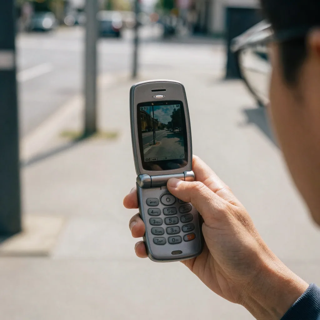 Close-up of a person holding up an old flip phone to film a street scene, the phone screen turned away, sunny sidewalk b