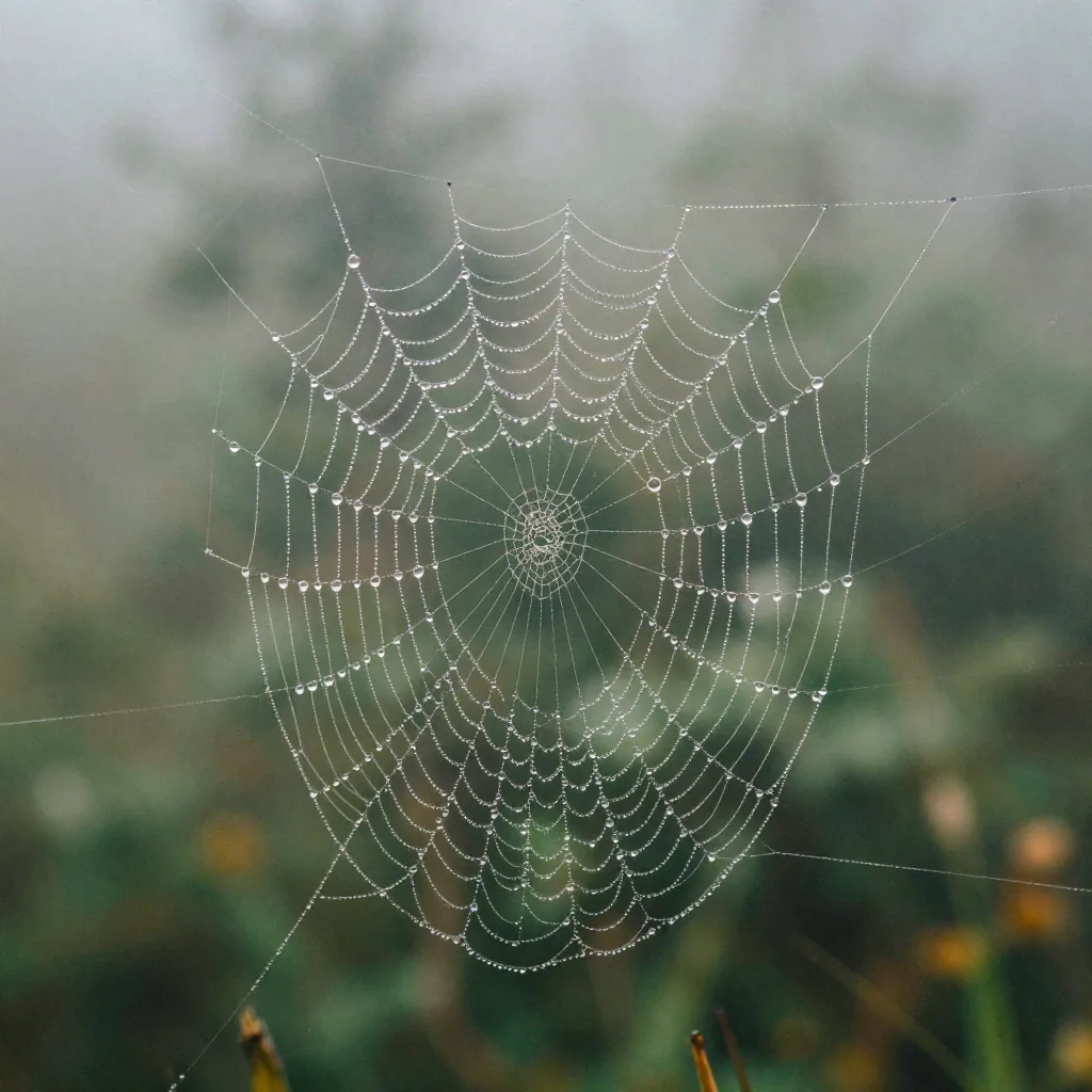 Macro of a spider web strung with dew drops at dawn, each thread and droplet in extreme clarity against a soft green for