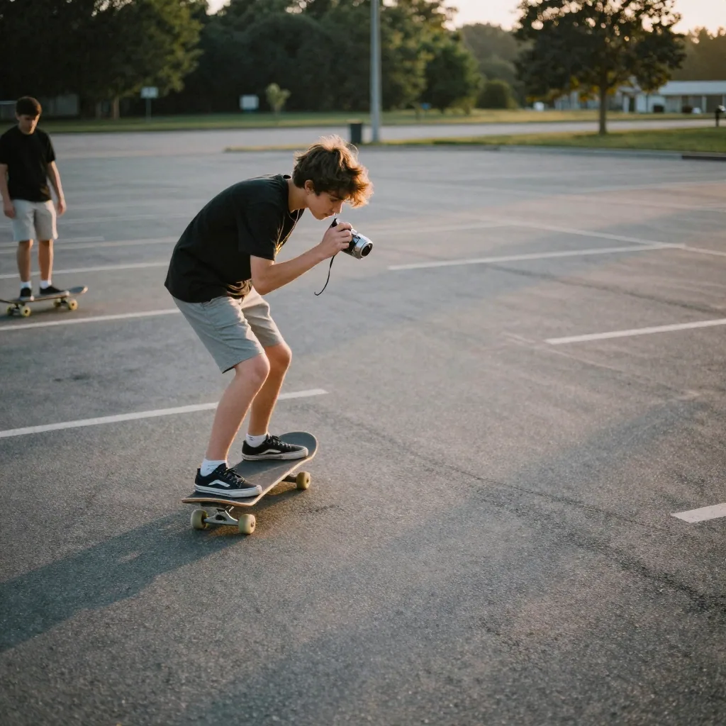 A teenager records a friend skateboarding in an empty parking lot at dusk on a compact camera, motion crisp, long shadow