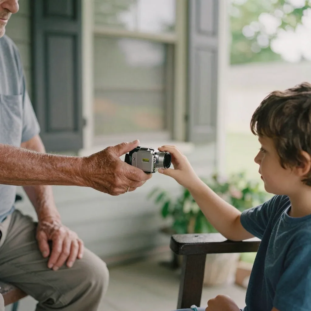 A grandparent hands a small old camcorder to a grandchild on a porch in warm afternoon light, candid handoff, cozy famil