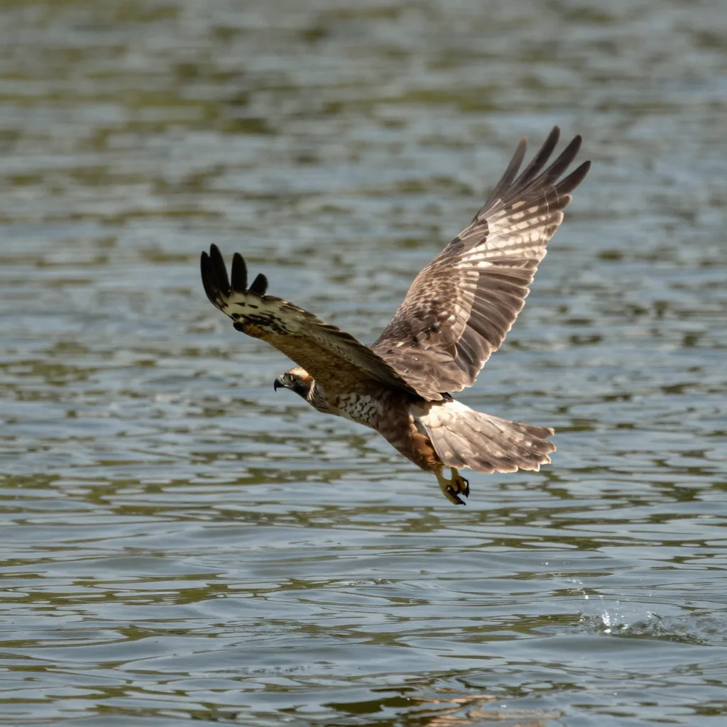 A bird of prey captured in sharp mid-flight over a lake at midday, individual feathers crisp against rippling sunlit wat