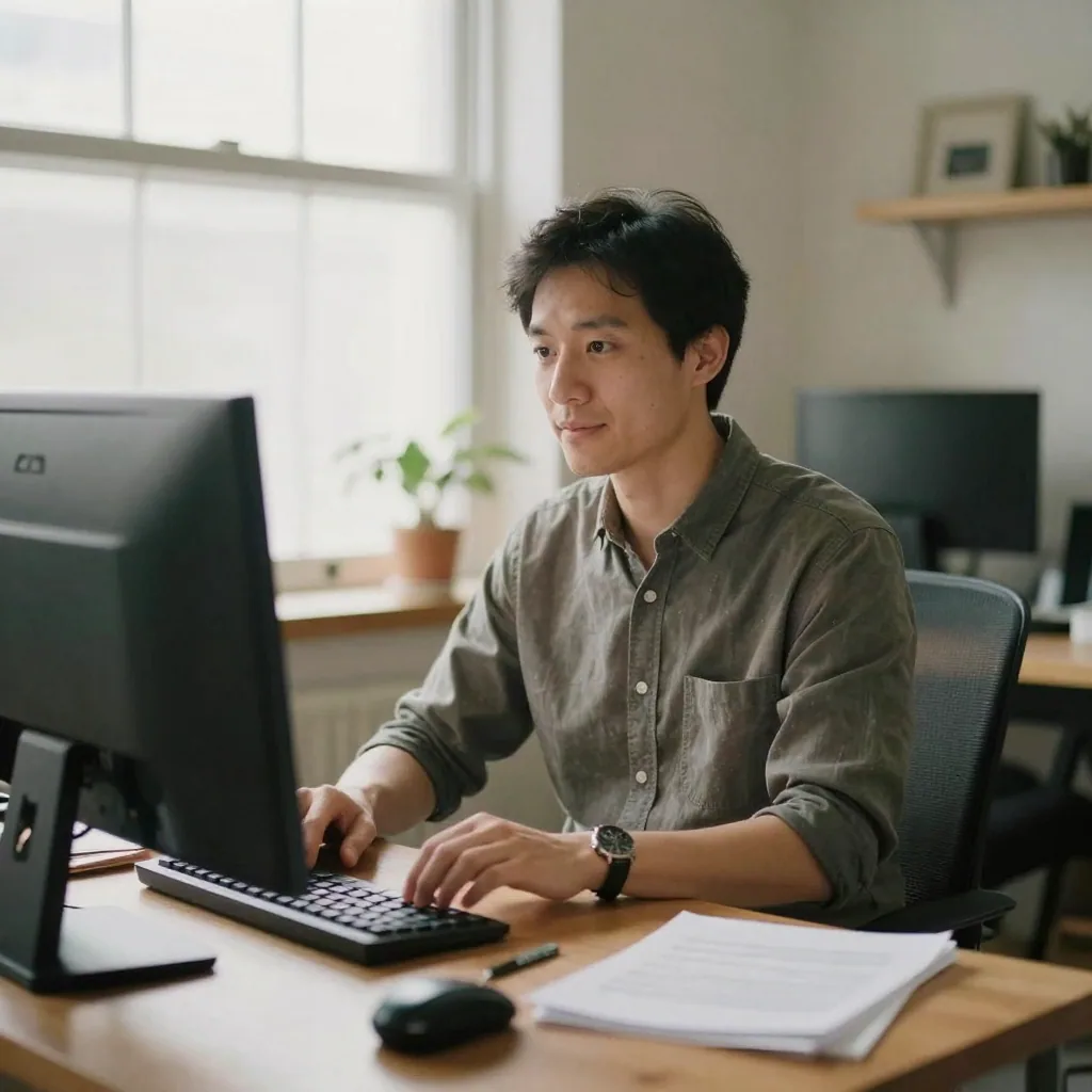 a professional person seated at a bright tidy home office desk, warm flattering light on their face