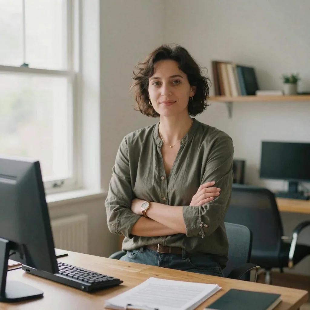 a well-lit portrait of a confident professional in a modern home workspace