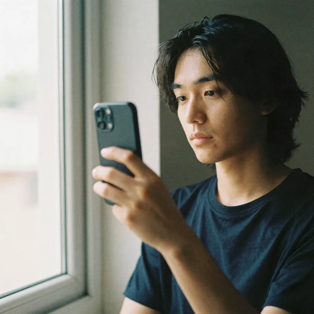 A person takes a well-lit selfie near a bright window, holding the phone slightly away, the screen not visible, even nat