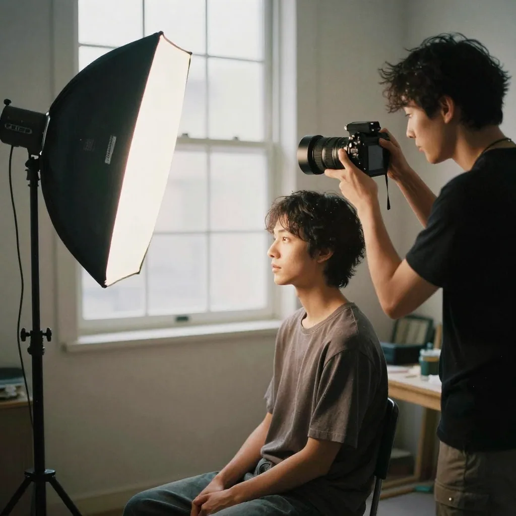A photographer adjusts a softbox toward a seated subject in a portrait studio, warm key light shaping the face, candid b