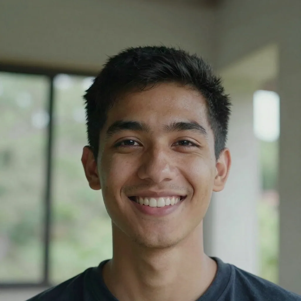 Head-and-shoulders portrait of a smiling young man outdoors in open shade, natural hairline and ear detail crisp, soft e