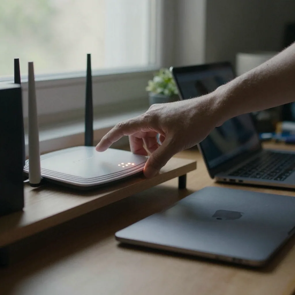 A hand reaching to flip a Wi-Fi router power switch off on a shelf, small unlit indicator dots, a laptop closed nearby o