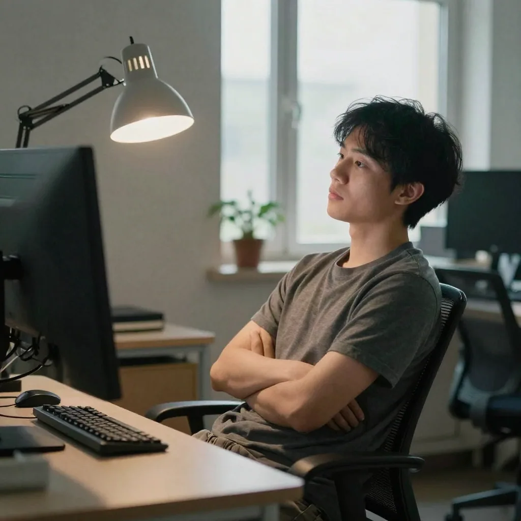 A curious developer leaning back thoughtfully in a chair in a dark room, arms crossed, a single desk lamp glowing, power