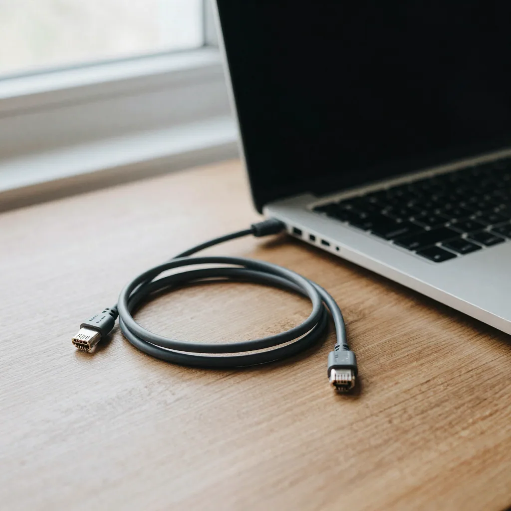 An unplugged ethernet cable lying coiled on a wooden desk beside a closed silver laptop, soft morning light, disconnecte