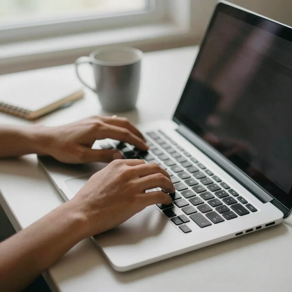 Overhead shot of two hands hovering over a laptop keyboard mid-keystroke, screen tilted away and not visible, a mug and