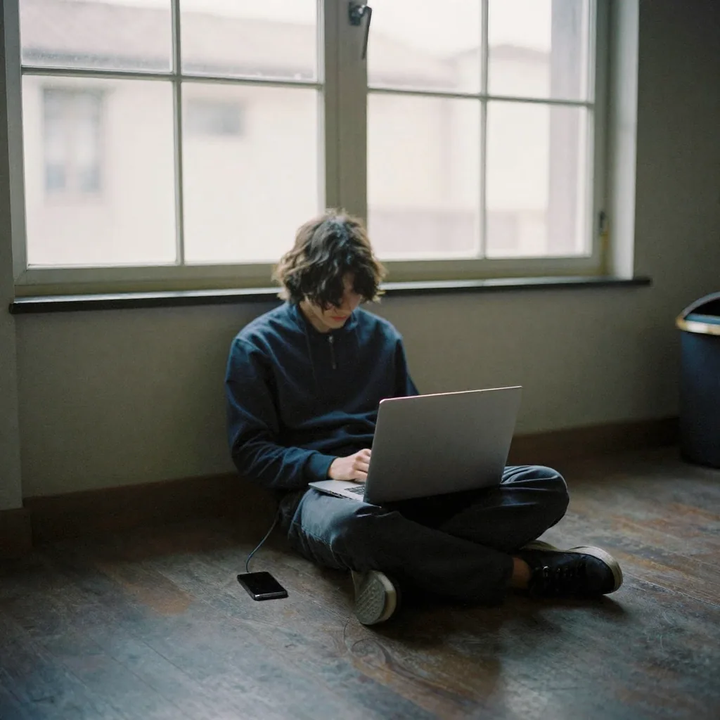 A person seated on the floor of a quiet apartment with a laptop closed on their lap, phone in airplane mode face-down be