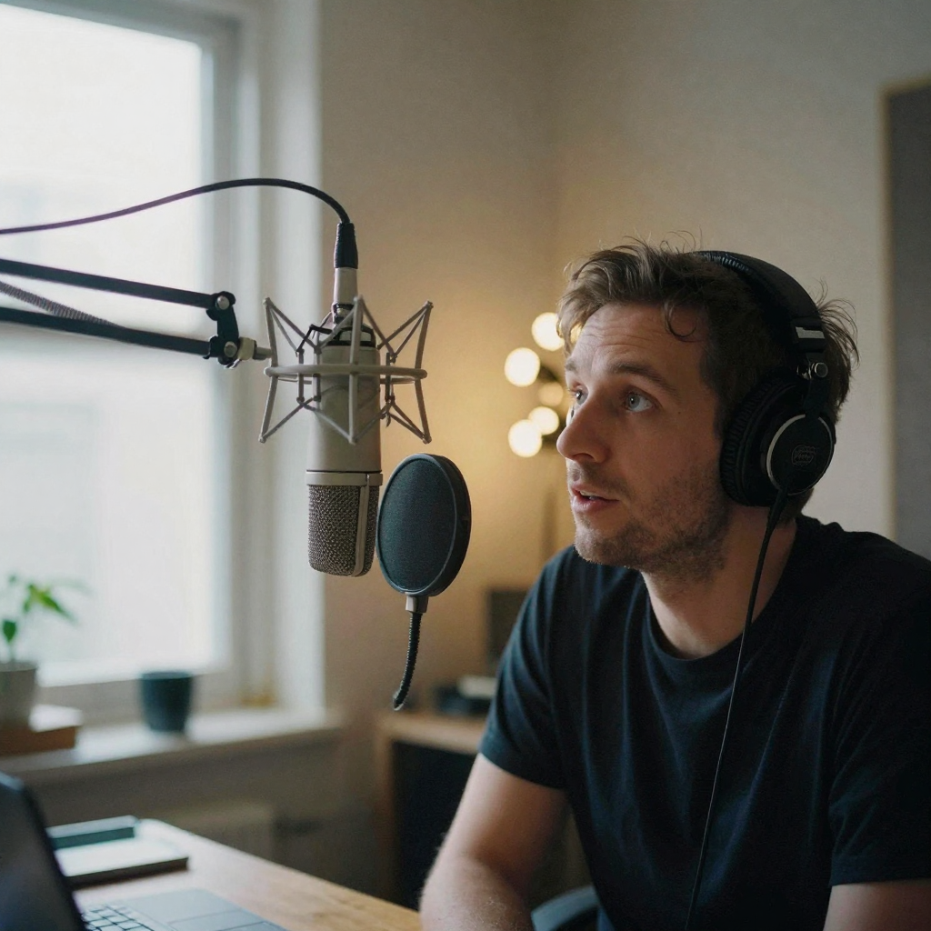 A podcast host leaning into a large studio microphone on a boom arm in a warm home studio, eyes bright, wearing headphon