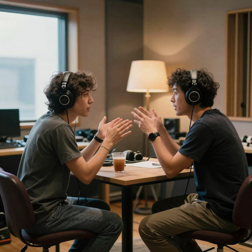 Two people seated across a small table in a cozy recording room, both wearing headphones, gesturing animatedly mid-conve