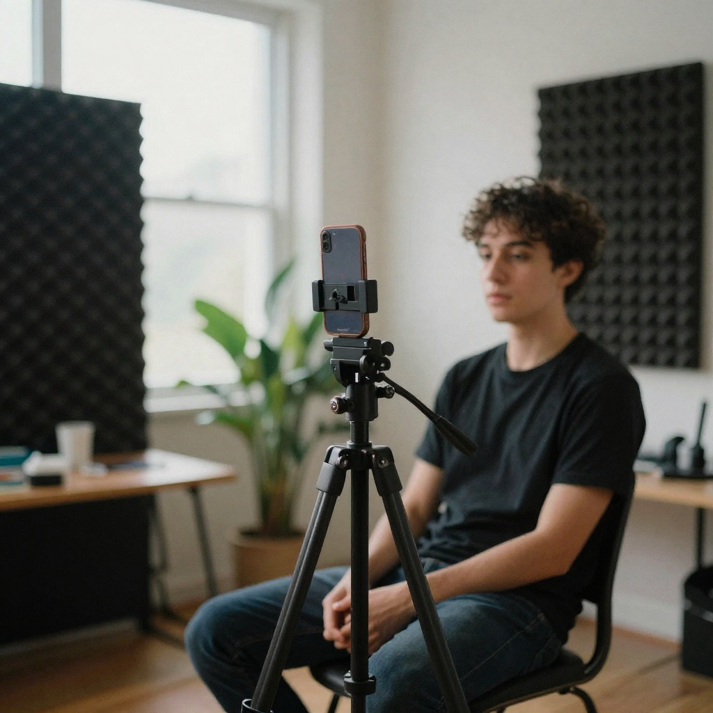 A smartphone mounted vertically on a tripod filming a seated host in a softly lit studio, foam panels and a plant blurre
