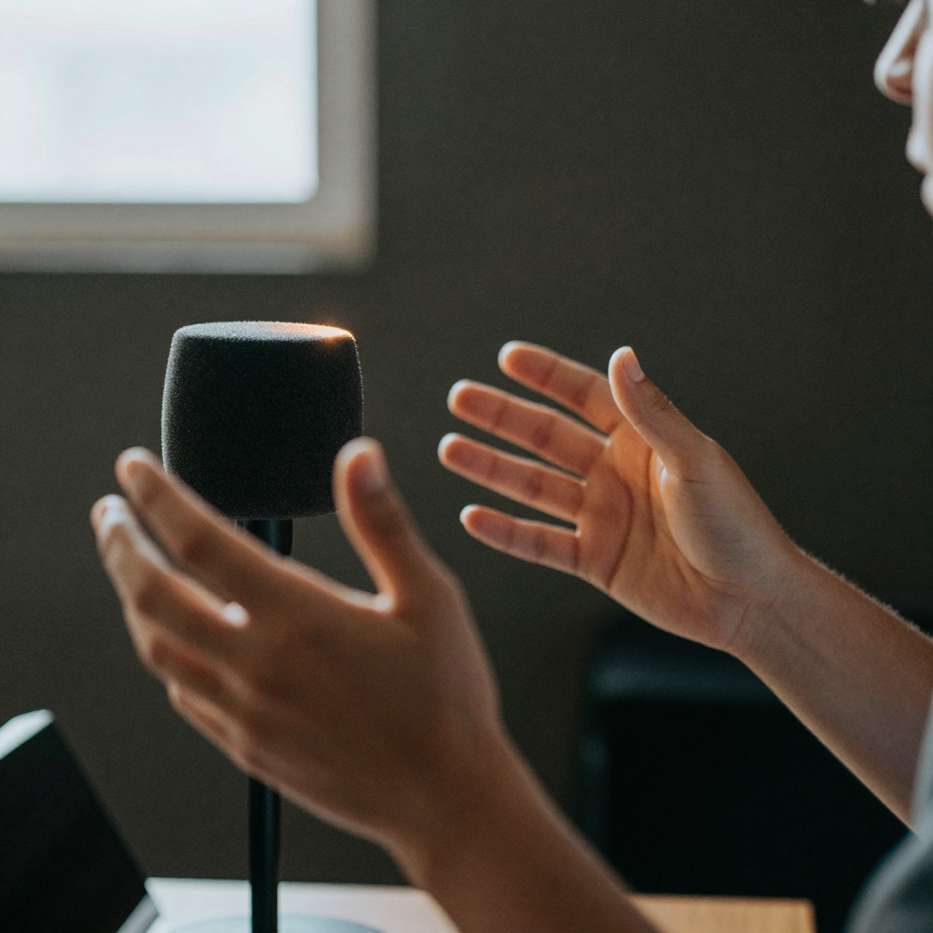 Close-up of a host's hands gesturing expressively beside a foam-shielded microphone, warm rim light, dark acoustic backd
