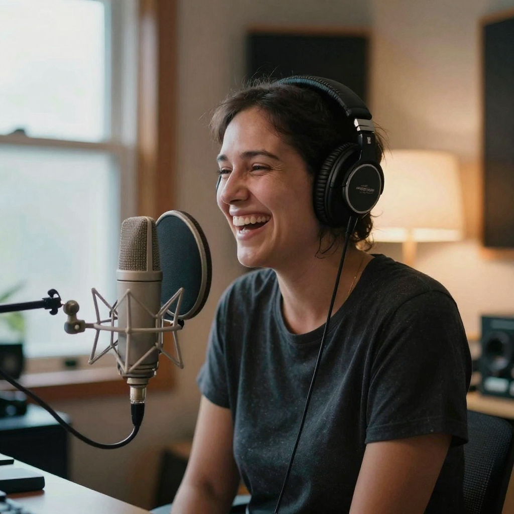 A solo host in a warm-toned home studio laughing mid-sentence into a condenser mic, over-ear headphones, soft golden lam