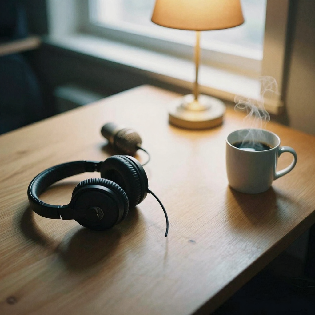 Overhead shot of a microphone, headphones, and a steaming coffee mug on a wooden studio desk under a single warm lamp, n