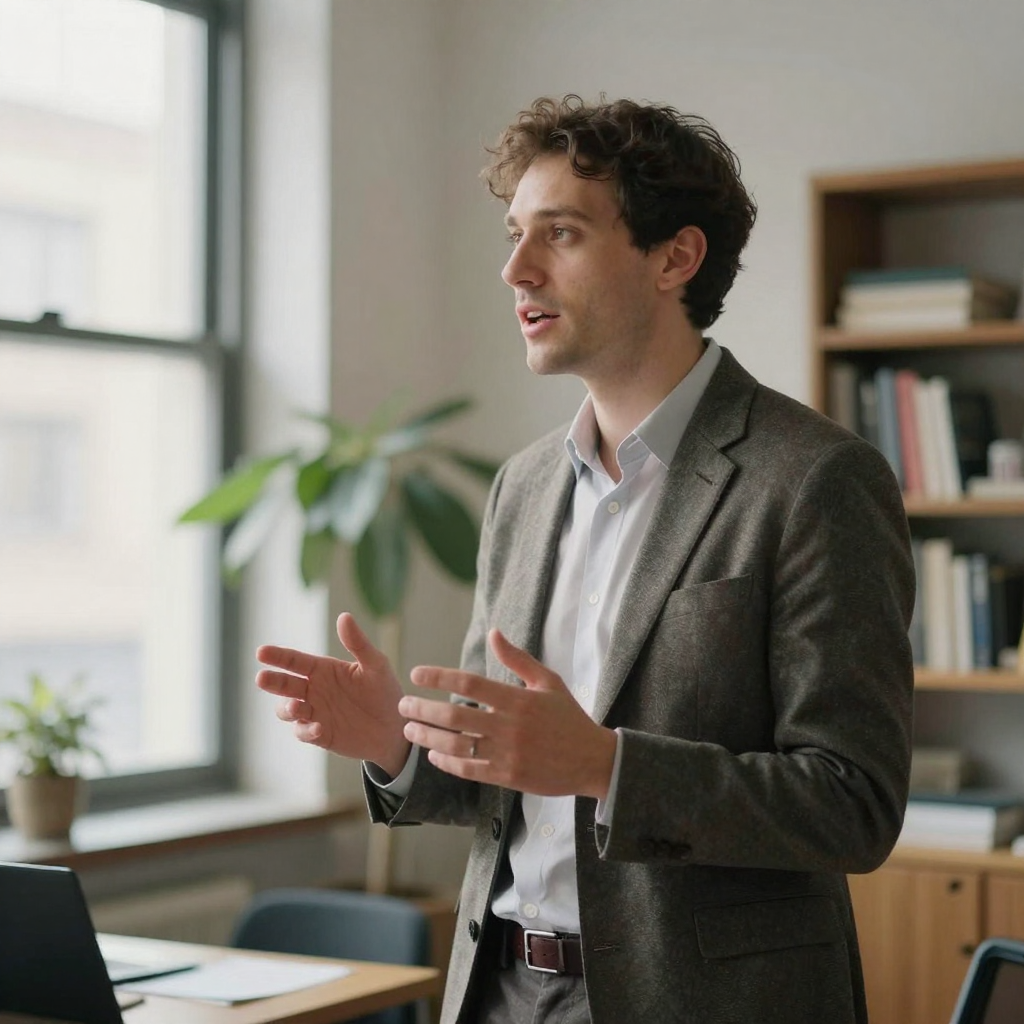 A confident business presenter in a blazer gesturing mid-sentence in a bright office, soft window light, a plant and blu