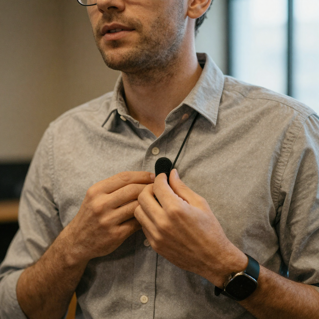 Close-up of hands clipping a small lapel microphone to a collared shirt before a talk, warm studio light, blurred set be