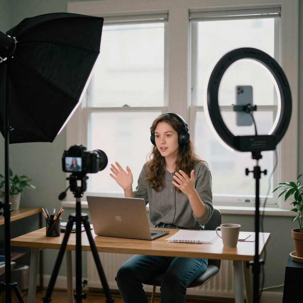 A speaker standing at a small home-office desk delivering a webinar to a tripod-mounted camera, a softbox and ring light