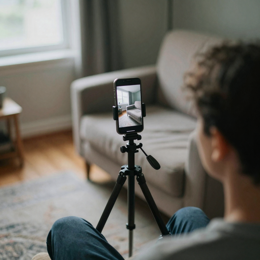 Overhead shot of a smartphone mounted vertically on a small tripod filming a person seated in an armchair in a sunlit li