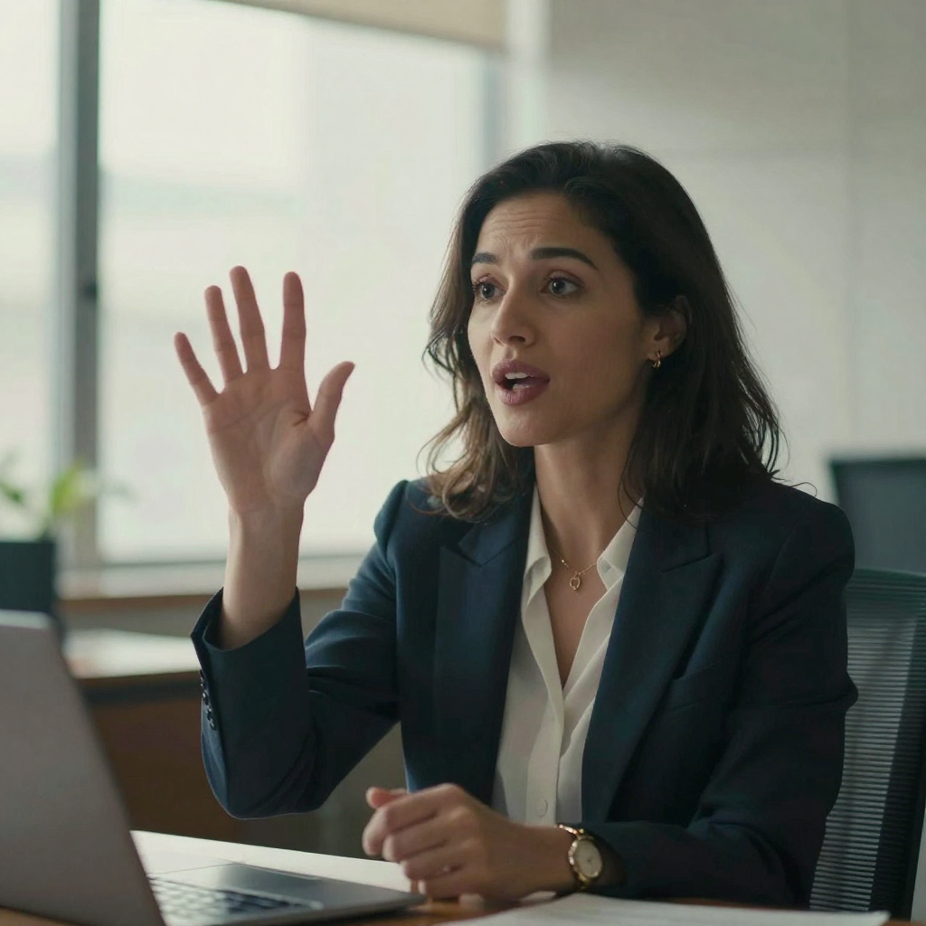 A professional woman mid-gesture counting points on her fingers during a talk, animated expression, soft cinematic offic