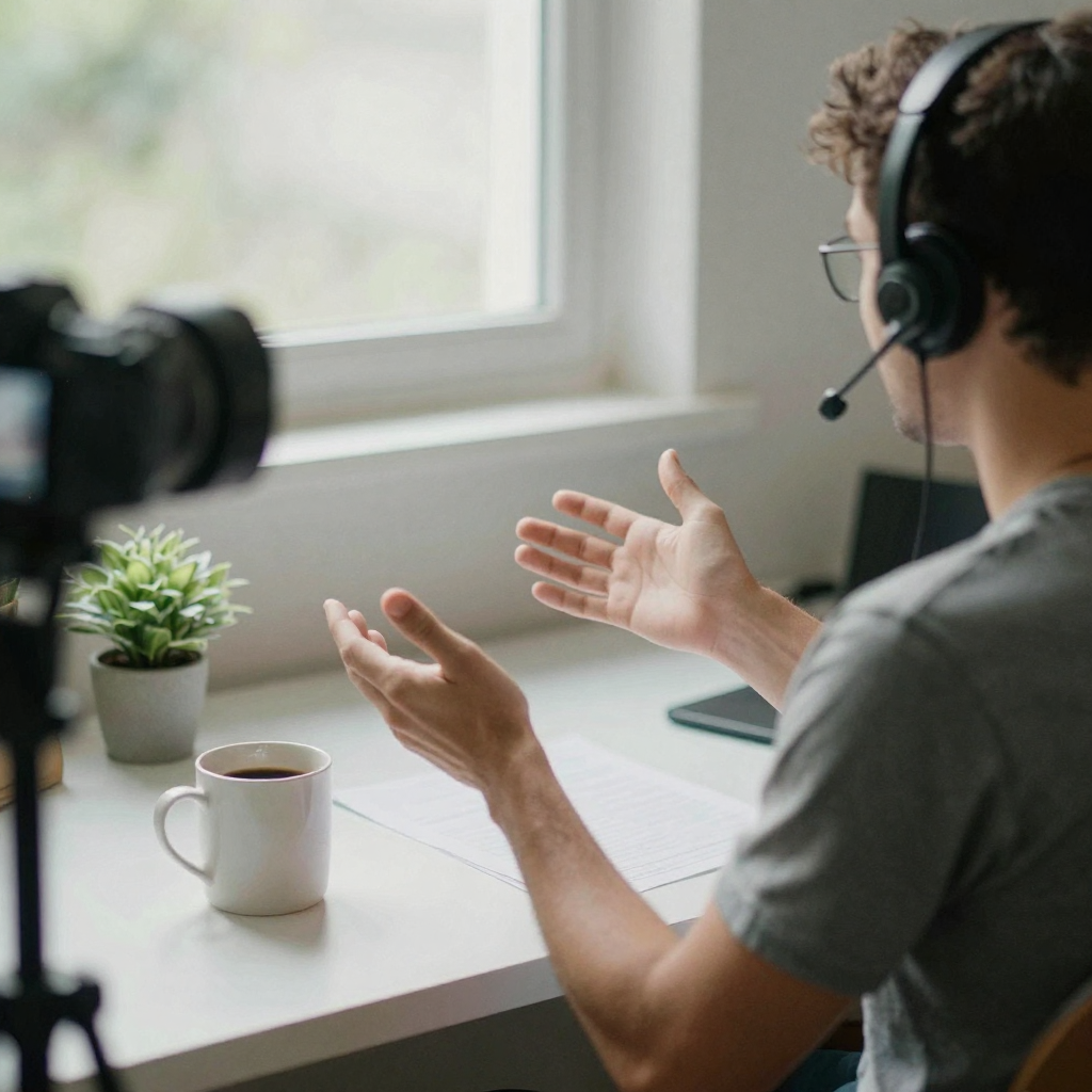 A person in a headset seated at a clean desk with a coffee mug and a small plant, gesturing warmly toward an off-frame c