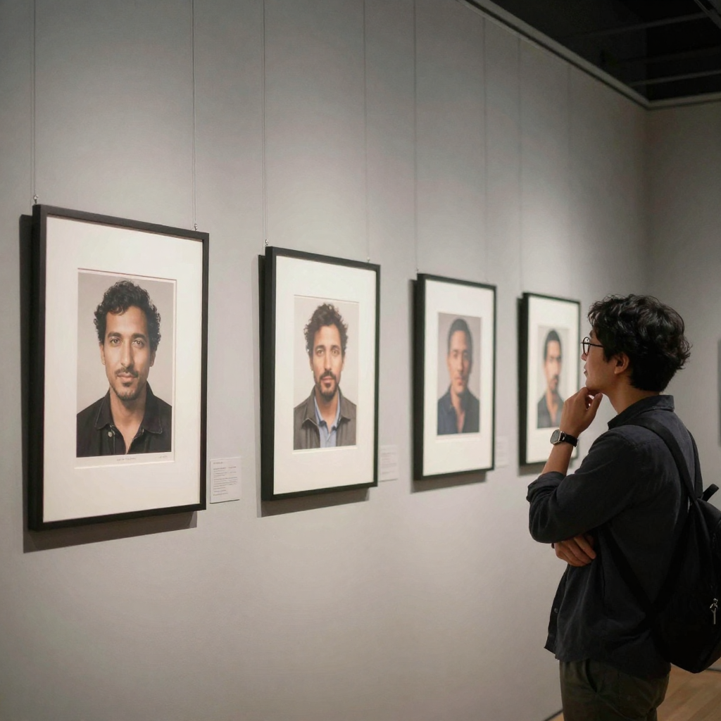 A photography curator in a gallery hanging four framed prints of the same portrait in a row, standing back with a hand o