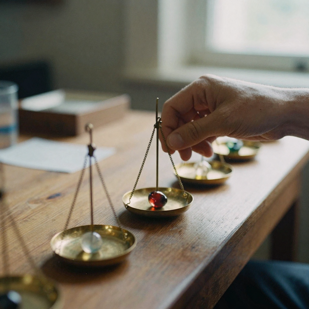 Close-up of a hand adjusting one of several small brass weighing scales lined up on a wooden bench, each holding a diffe