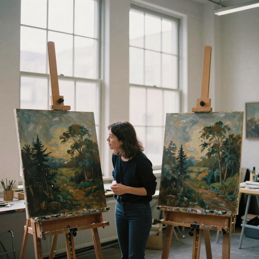 An art collector examining two nearly identical paintings side by side on easels in a bright studio, leaning in to spot