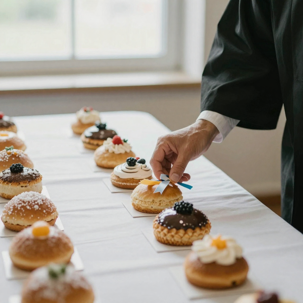 A judge's hand placing a small ribbon beside a row of pastries on a white competition table, other entries lined up for