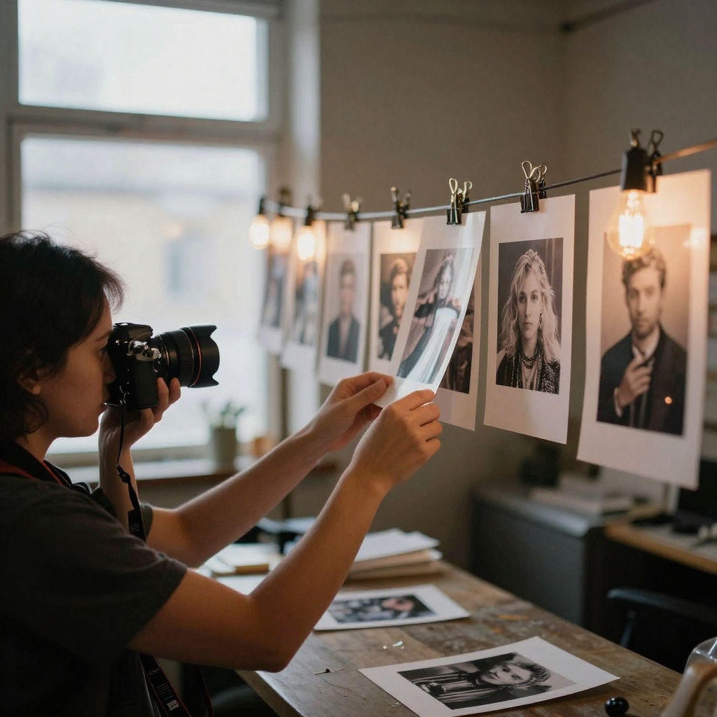 A photographer flipping through a row of matted test prints clipped to a wire line in a darkroom-style space, warm bulb