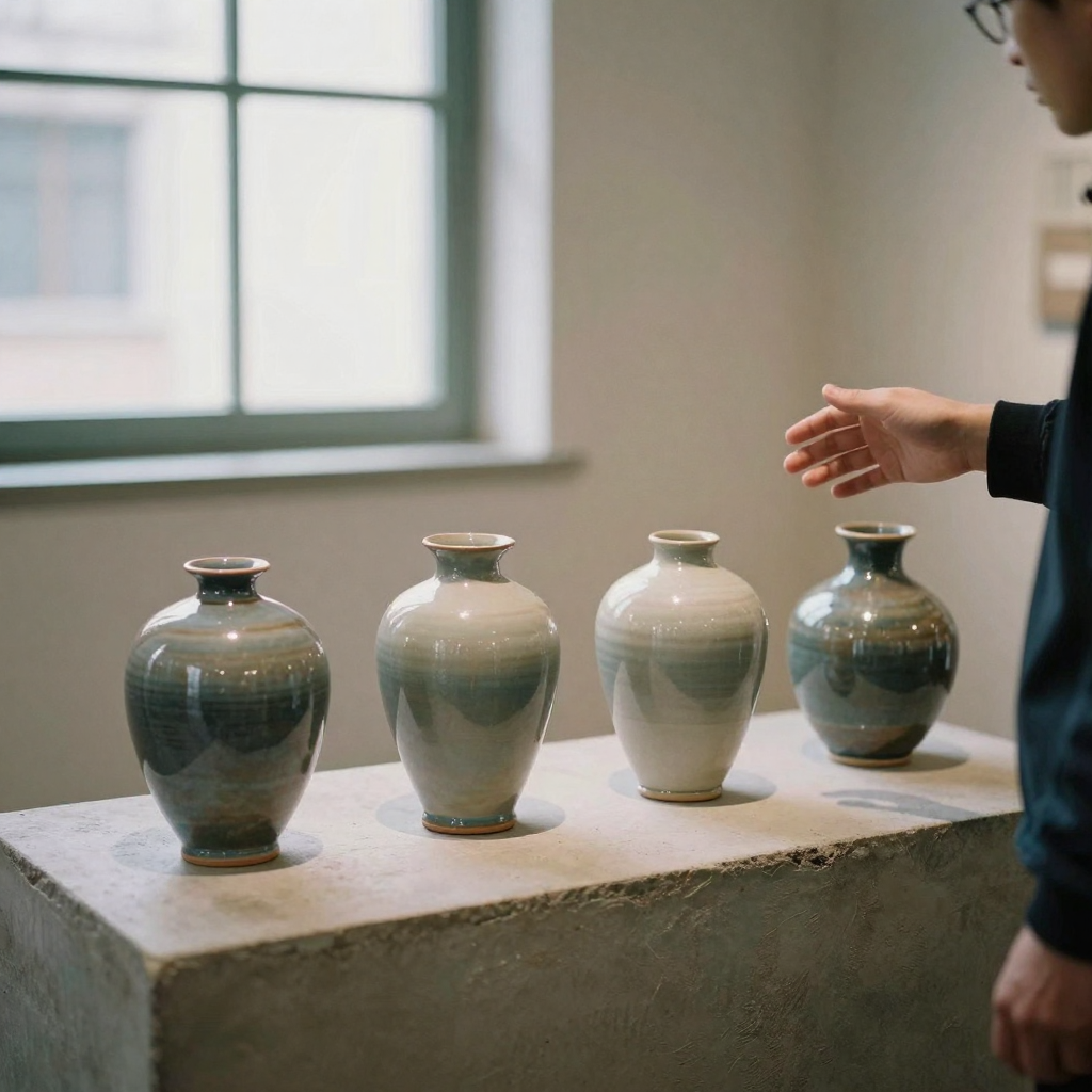 Four identical ceramic vases in subtly different glaze finishes arranged in a line on a concrete plinth, a curator's han