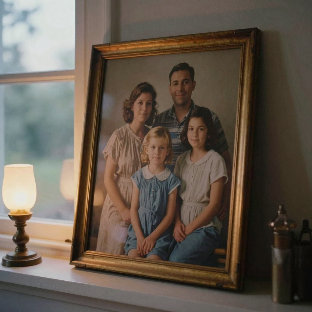 A framed vintage family portrait propped on a mantel at dusk, warm lamplight beside it, the still faces seeming to come 