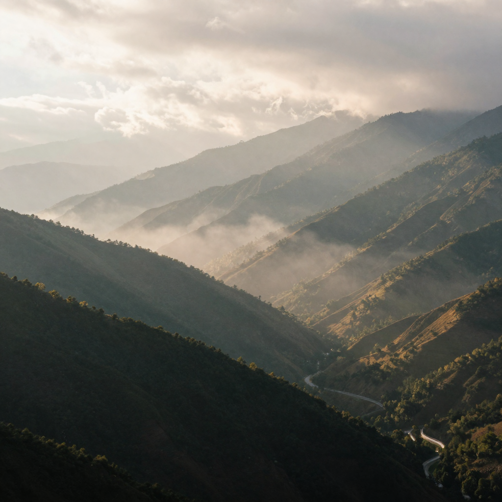 A dramatic mountain landscape at sunrise with drifting clouds and mist rolling through a valley, long shadows across the