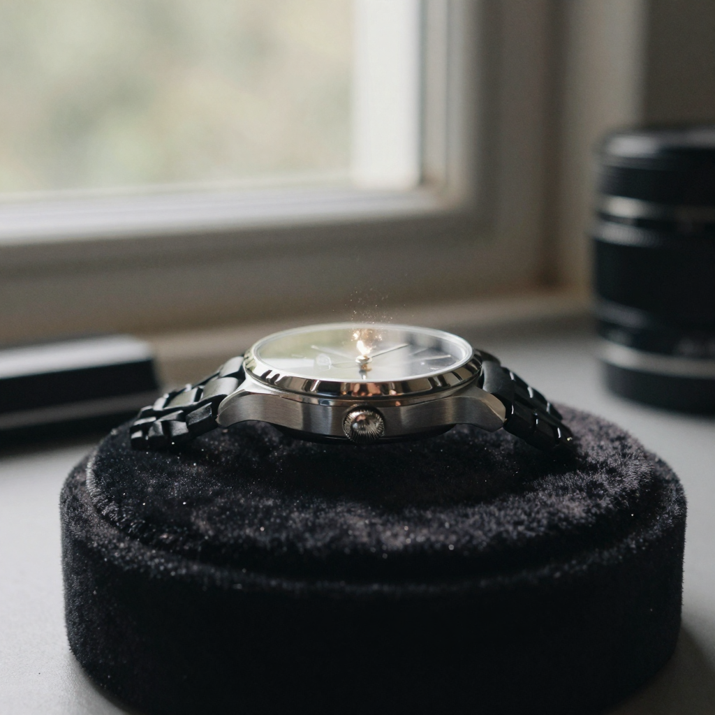 Close-up of a wristwatch on a rotating velvet stand catching a moving glint of light in a dark product-photography studi